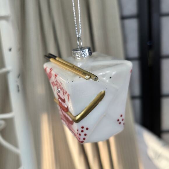 Chinese Take Out Box with Chopsticks Blown Glass Christmas Ornament Foodie - Picture 4 of 6